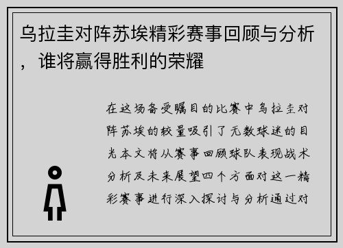 乌拉圭对阵苏埃精彩赛事回顾与分析，谁将赢得胜利的荣耀